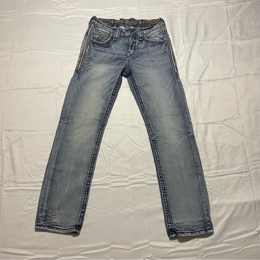 Rock Revival Jeans, Size 29, Low Rise Straight, Thick Stitch, Distressed Wash
